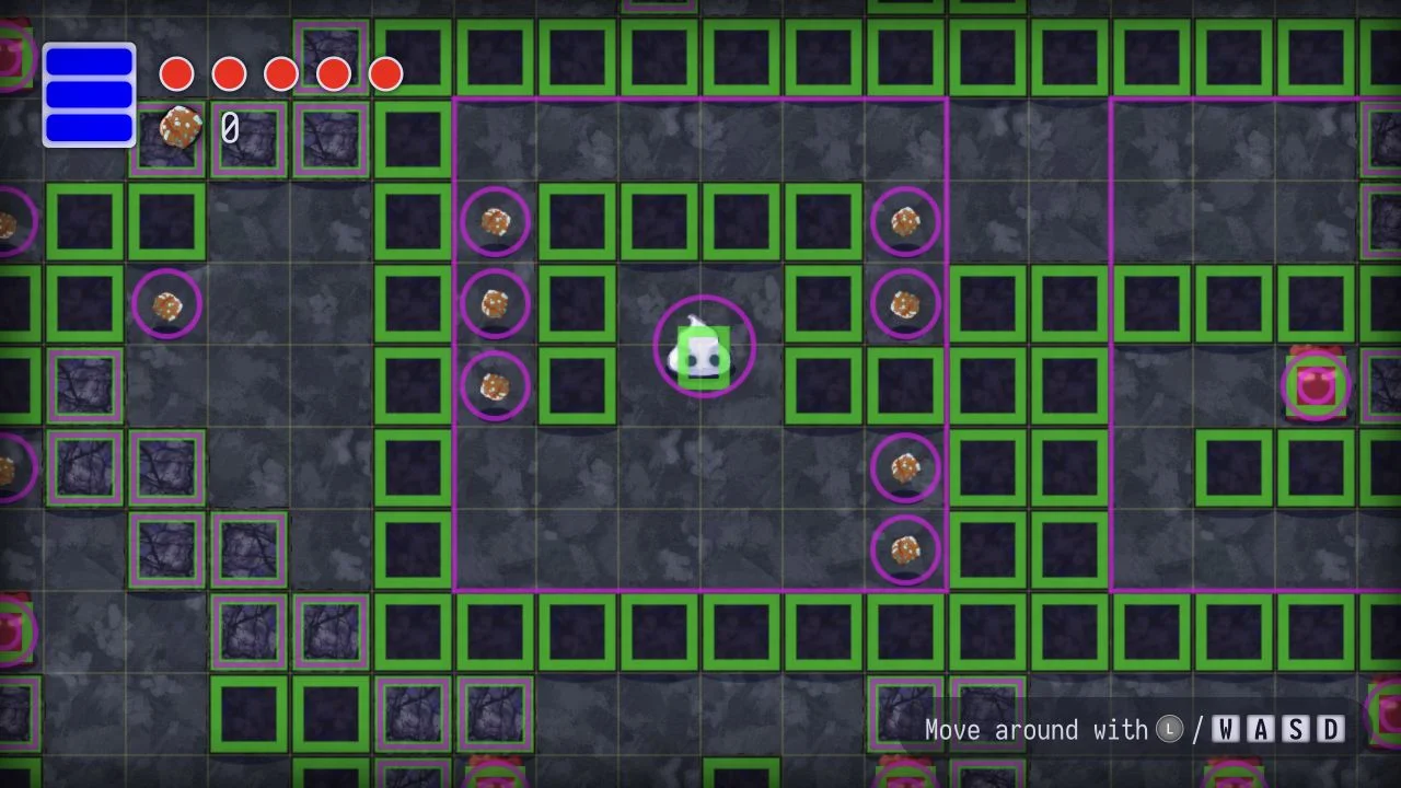 Copperfall running in debug mode. Green collision boxes surround the rocks and player, magenta circles mark pickup and interaction triggers, and a coordinate grid crosses the starting chunk.