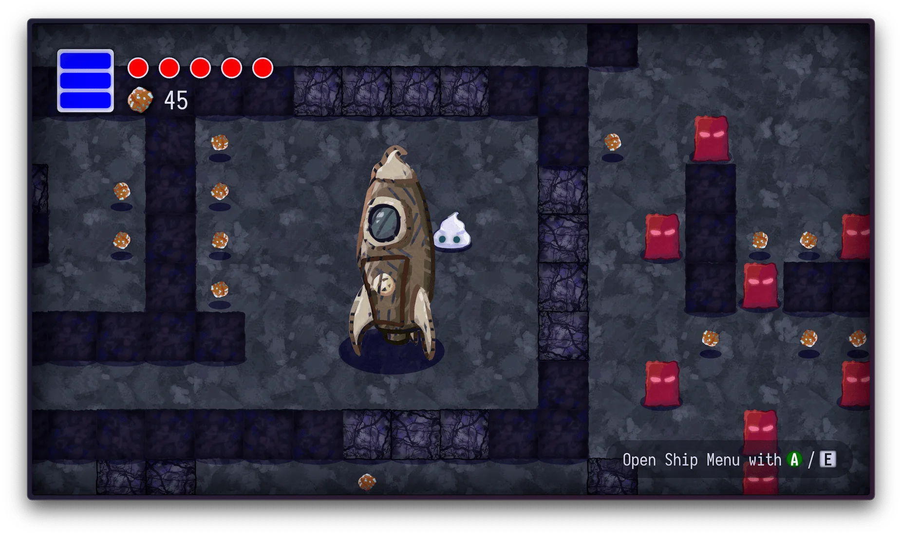 Copperfall gameplay, with the player beside a spaceship inside a rocky map containing enemies and pickups.