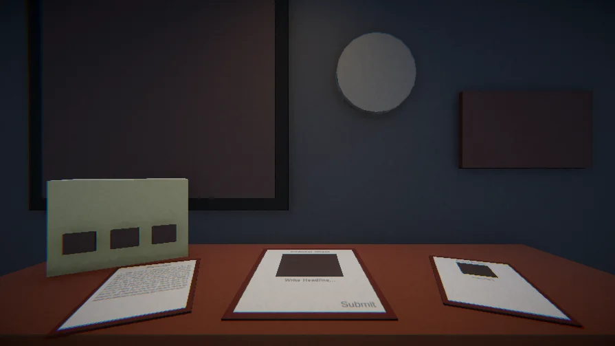 An early Unity desk scene with a rough phone shape, transcript clipboard, central article layout, and picture board.