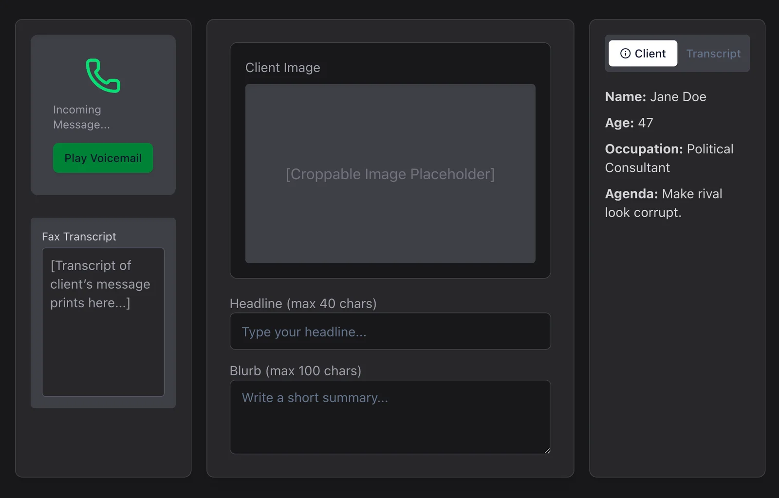 An early interface sketch placing a phone and transcript beside an image area, headline field, and client brief.