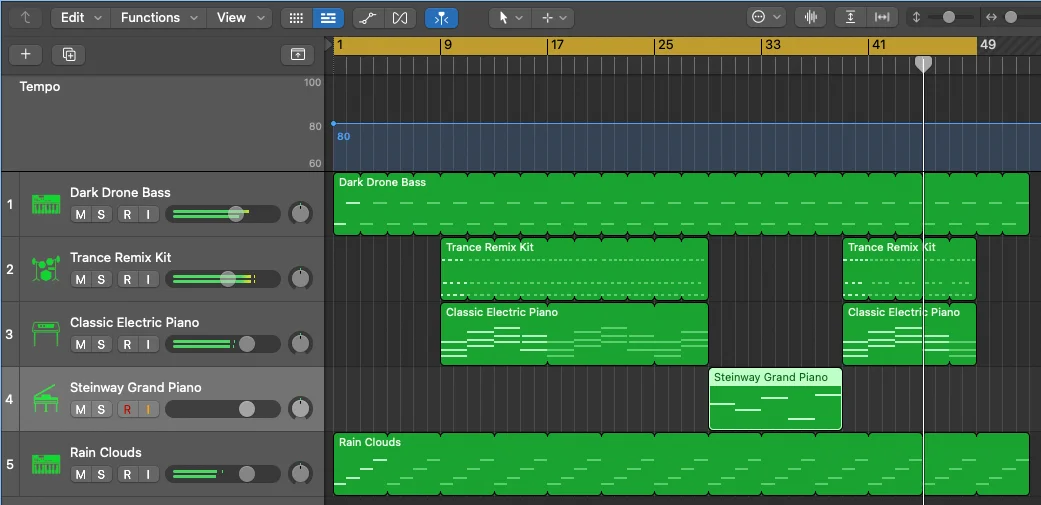 The soundtrack arrangement with bass, drum, electric piano, grand piano, and rain tracks beneath an 80 BPM tempo lane.