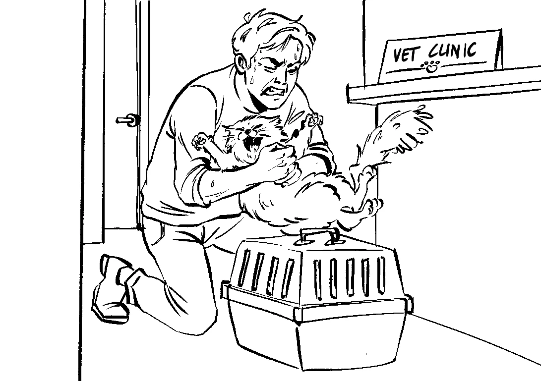 A black-and-white game illustration of a man holding a struggling cat, with a pet carrier below and a Vet Clinic sign behind him.