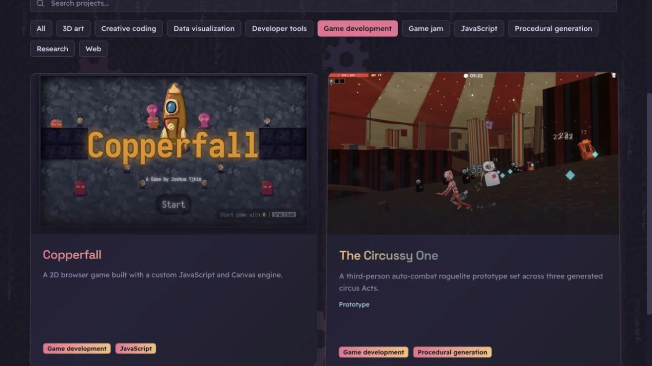 The Game development filter on the Projects page, with cards for Copperfall and The Circussy One.