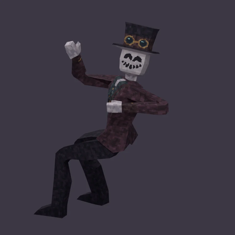 The seated character in a dark coat and top hat, with a skull-like face and one hand raised in a wave.