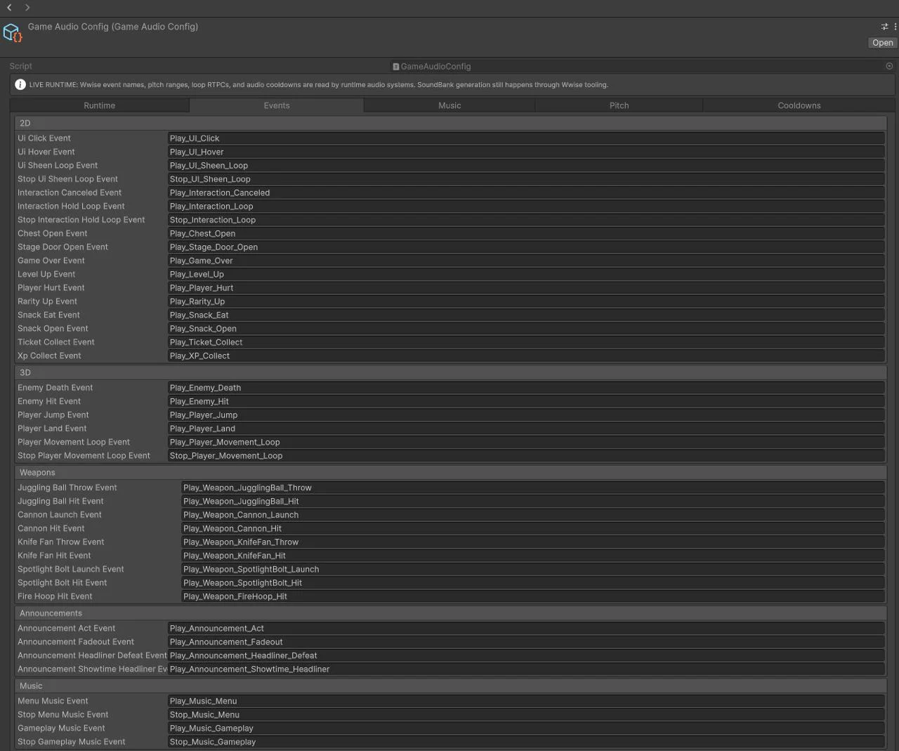 The Game Audio Config inspector maps UI, interaction, weapon, announcement, and music cues to Wwise events, with separate tabs for pitch and cooldown settings.