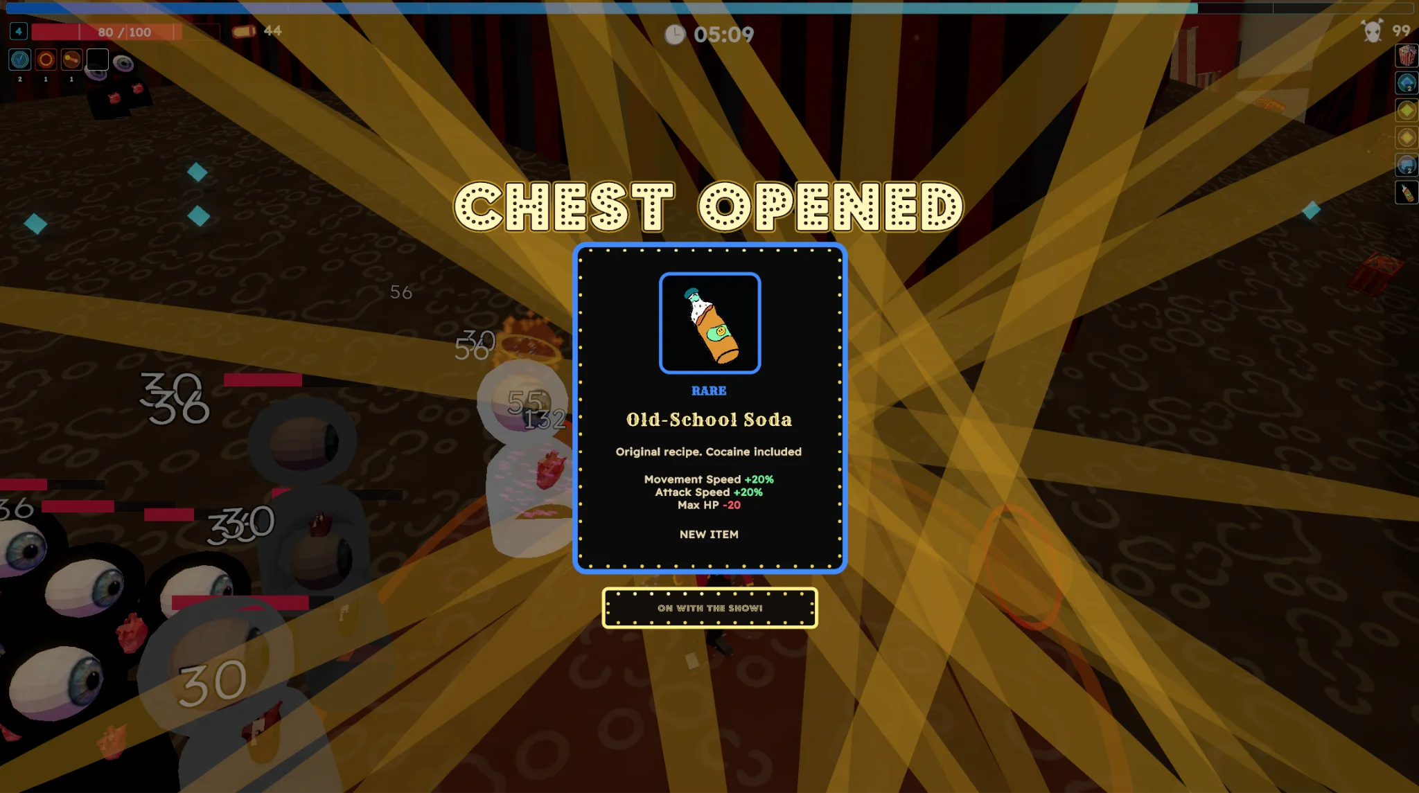 A chest reward reveals the rare Old-School Soda item, granting 20 percent movement and attack speed while subtracting 20 maximum health.