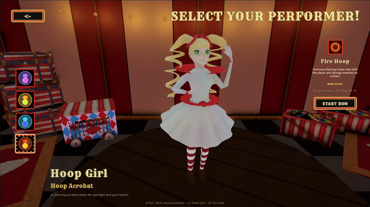 Hoop Girl on the Performer selection screen beside the Fire Hoop description.