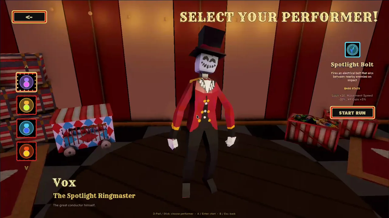 Vox, a top-hatted ringmaster, on the Performer selection screen beside the Spotlight Bolt description.