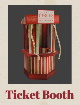 A red-and-gold Ticket Booth model in the project's promotion artwork, with hanging strips of tickets.
