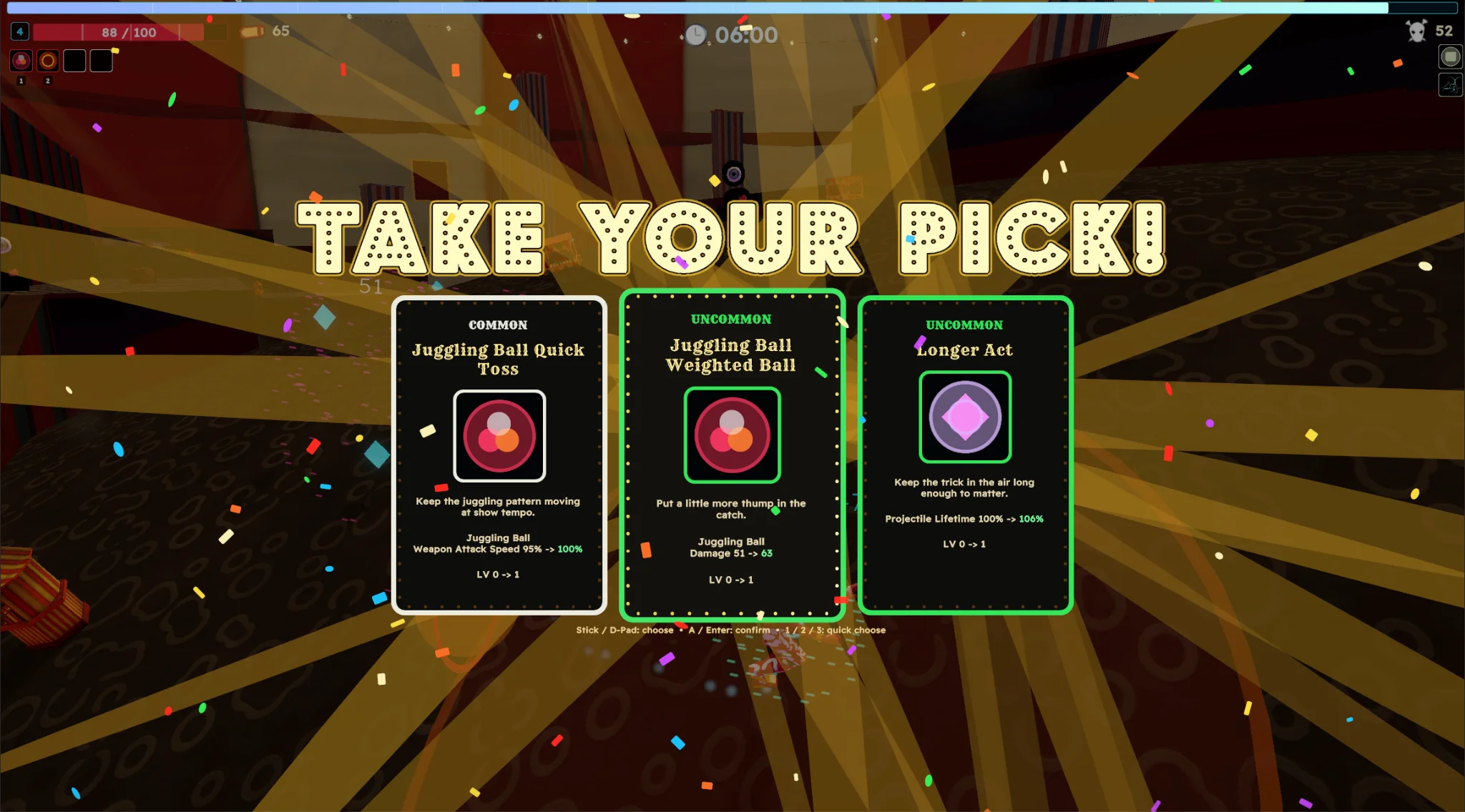 The Take Your Pick overlay offers two Juggling Ball upgrades and the Longer Act Talent, with rarity, current values, and changed values on each card.