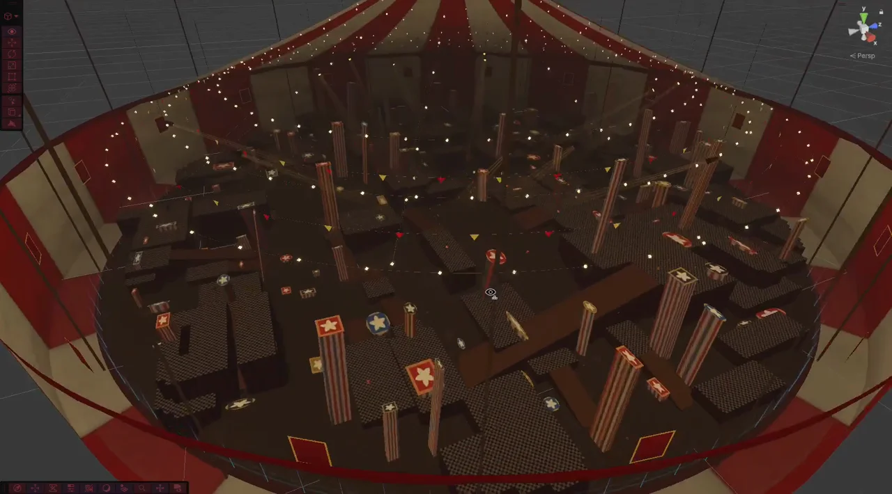 A view into a generated circus arena, with striped walls, platforms, and strings of lights.