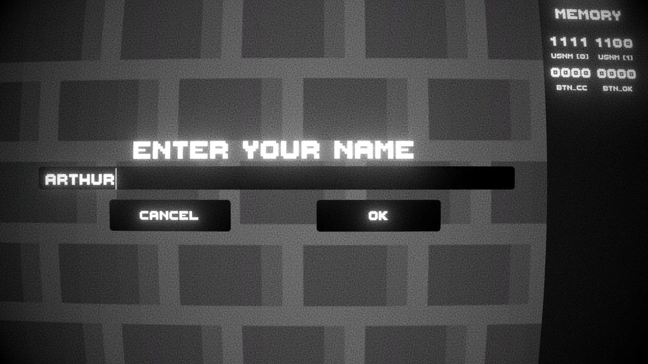 The name-entry screen with Arthur typed in the field and a memory panel showing name and button cells on the right.